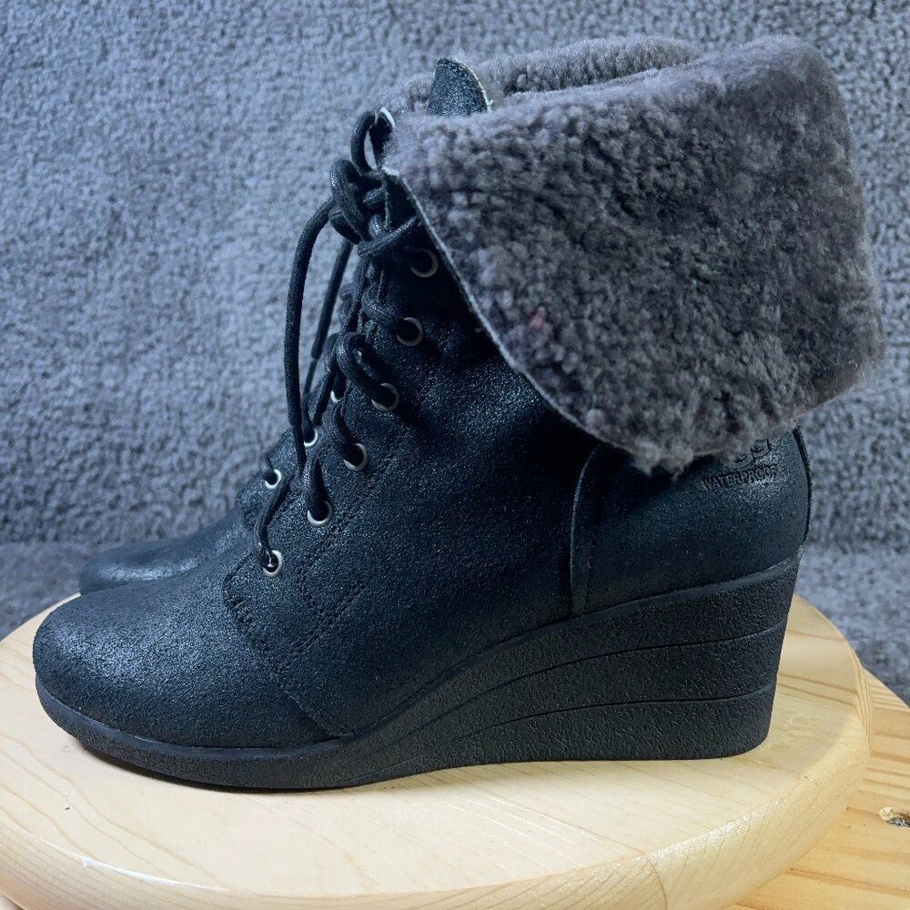 Ugg Boots Zea Shearling Wedge Heel Womens Size 9 Black Leather Sheepskin Lined